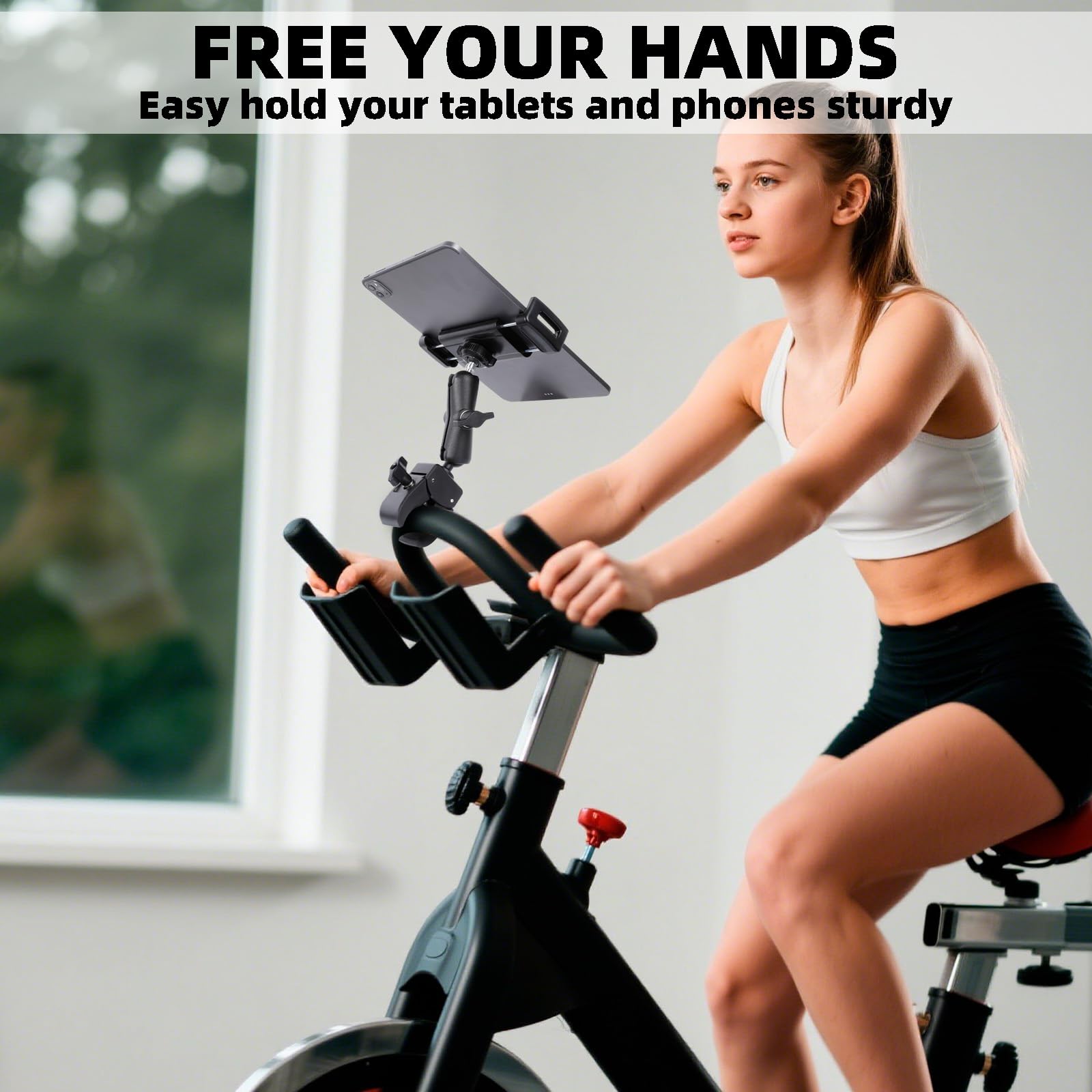 stationary bicycle mount FPN Spin Bike Tablet Holder for iPad, Phone Holder Stand Exercise Bike Handlebar for Treadmill Elliptical Spin Bike Stroller Mic Stand, Compatible with iPad, iPhone (4.7-13