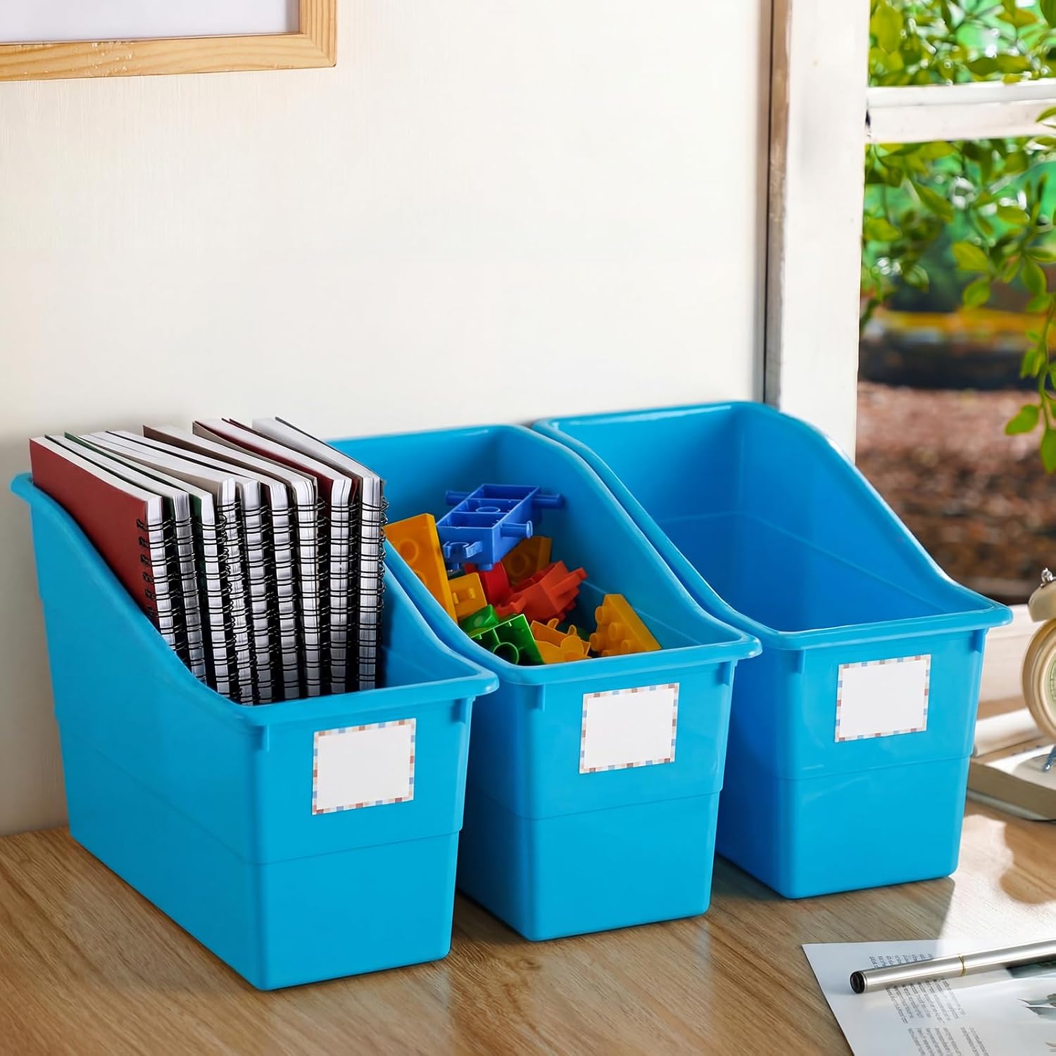 Suzile 12 Pcs Large Book Bins with Labels for Classroom Linking Plastic Storage Book Bins 12.5 x 7.5 x 5.5 Inch Folder Magazine File Holder Container Organizer for Classroom Library Office Home (Blue)