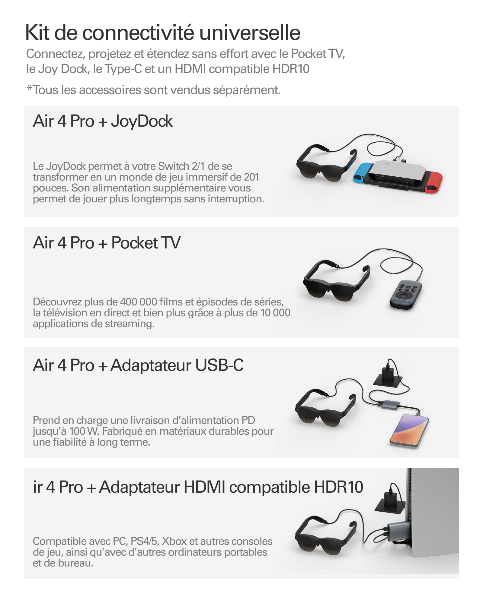 RayNeo Air 4 Pro Lunettes AR/XR, Écran HDR10, Puce Vision 4000, Cinéma Virtuel 201 Pouces, Audio par Bang & Olufsen, Lunettes 3D Films & Jeux pour iPhone 17,16,15/Android/Switch 2/Mac/Steam Deck/PS4/5