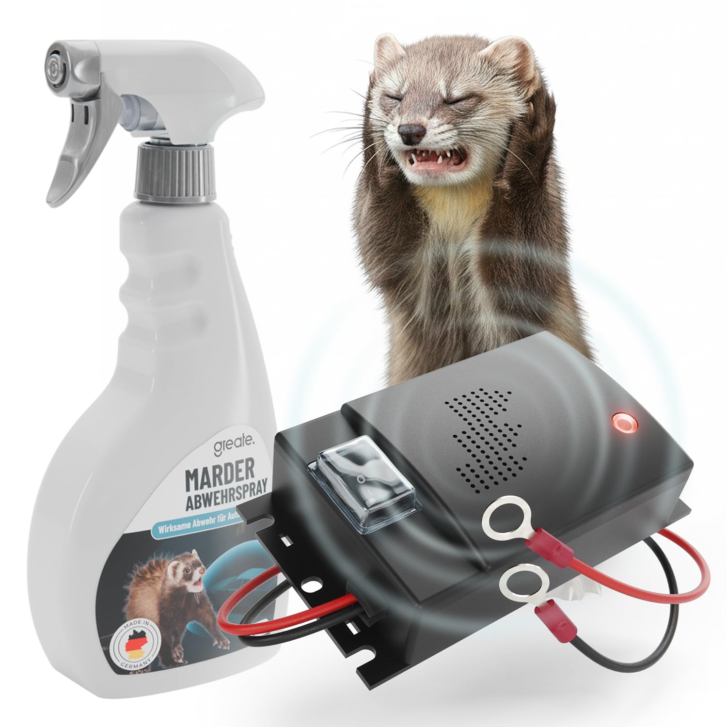 greate Zestaw do odstraszania kun – Made in Germany spray przeciw kunom 500 ml + ultradźwiękowy odstraszacz kun do samochodu z przyłączem akumulatora 12 V