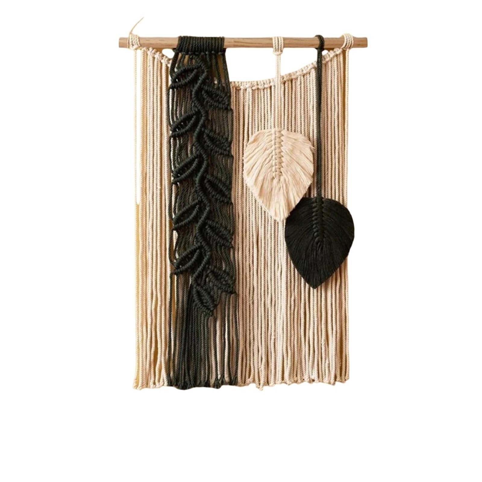 BFLCWSTD Macrame Wall Hanging Rural Style Cotton Rope Tapestry Hand Knotted Leaves Wall Art Hanging Muslin Macrame Tassel Tapestries(Black)