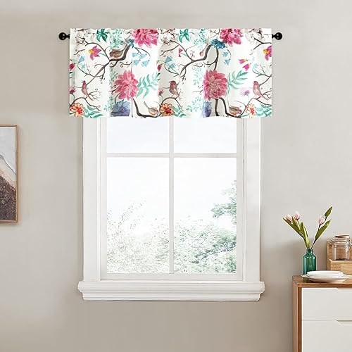 Miniatura 157 de VOGOL Cenefas con patrón de pájaros para ventanas de cocina, cenefa texturizada de lino con estampado floral y pájaros para ventanas pequeñas