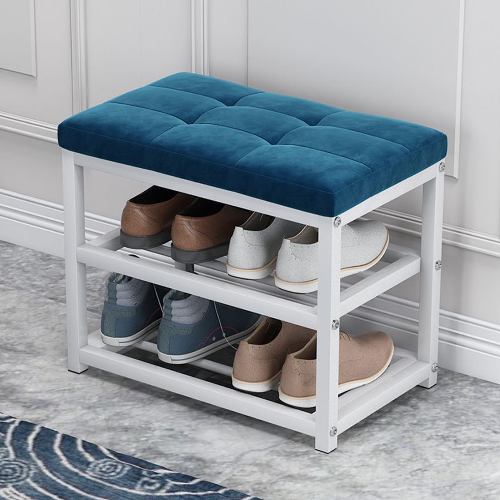 Stylowa tapicerowana ławka na buty 50 x 30 x 45 cm, zapinana na guziki, pufa do salonu, blat z litego drewna, miękkie futro, do organizacji przedpokoju i sypialni