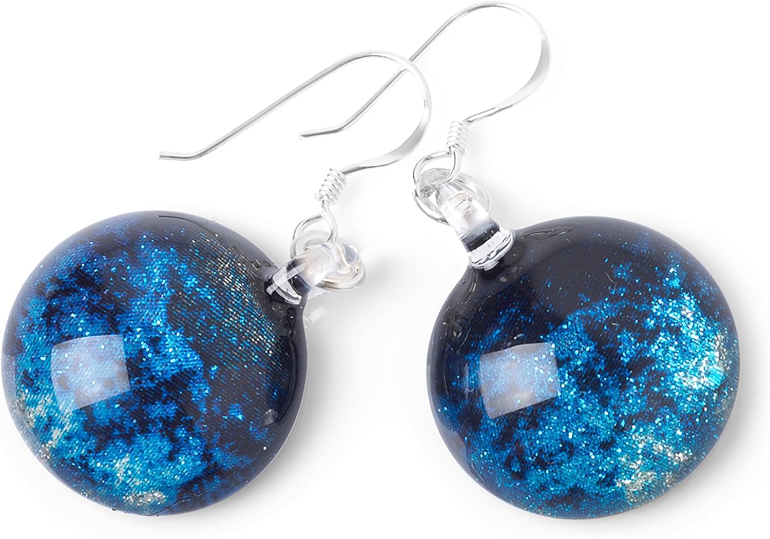 Chuvora 925 Sterling Silver Hand Blown Glass Glitter Silver Deep Blue Round Shape Dangle Earrings