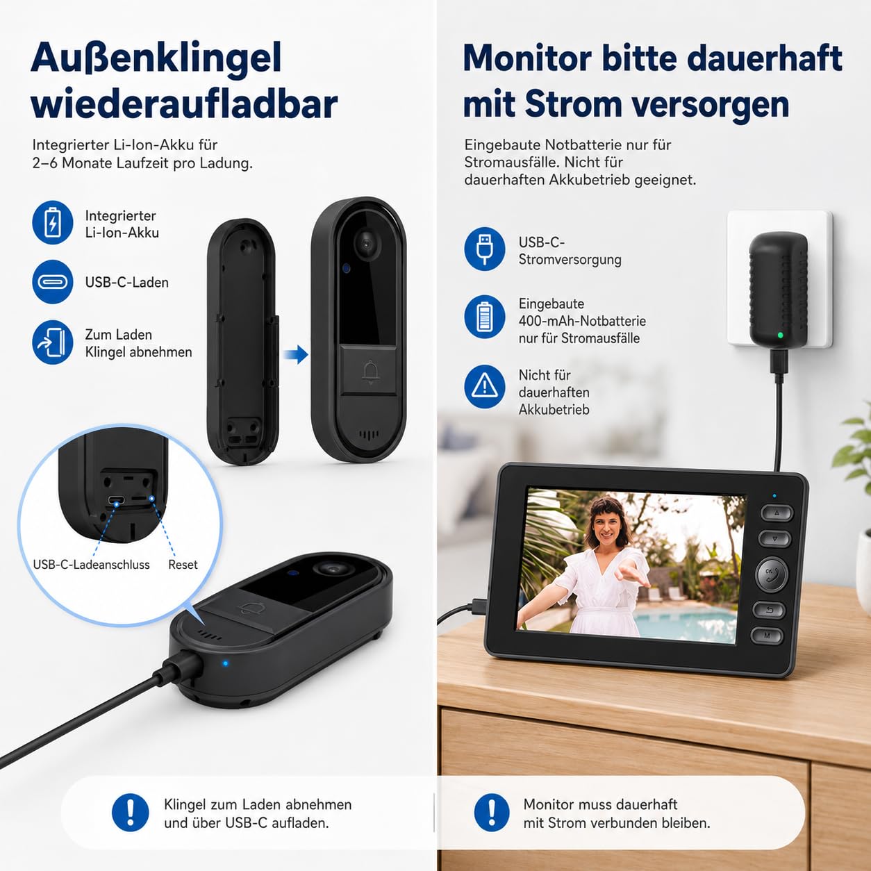 Funkklingel mit Kamera, Kabellose Video Türklingel mit 4,3" IPS Monitor, ohne WLAN & App, Türsprechanlage, Gegensprechfunktion, Monitoraktivierung per Tastendruck, 170° Weitwinkel, LED Nachtsicht,IP65