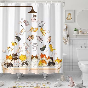 Funny Cat Shower Curtain, Whimsical Kawaii Kitten Bubbly Bathtub Cute Animal Bath Curtain Set with Hooks Waterproof, 7272 inch