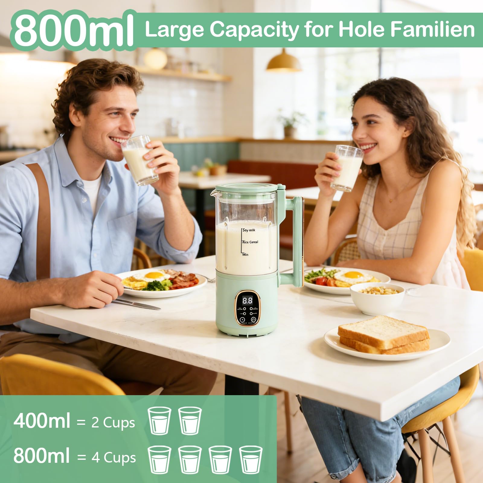 Machine à lait de soja 800 ml, préparateur de lait végétal, tête de broyage inox 20 lames, menus intelligents, sécurité enfant, arrêt automatique, maintien au chaud, auto-nettoyage