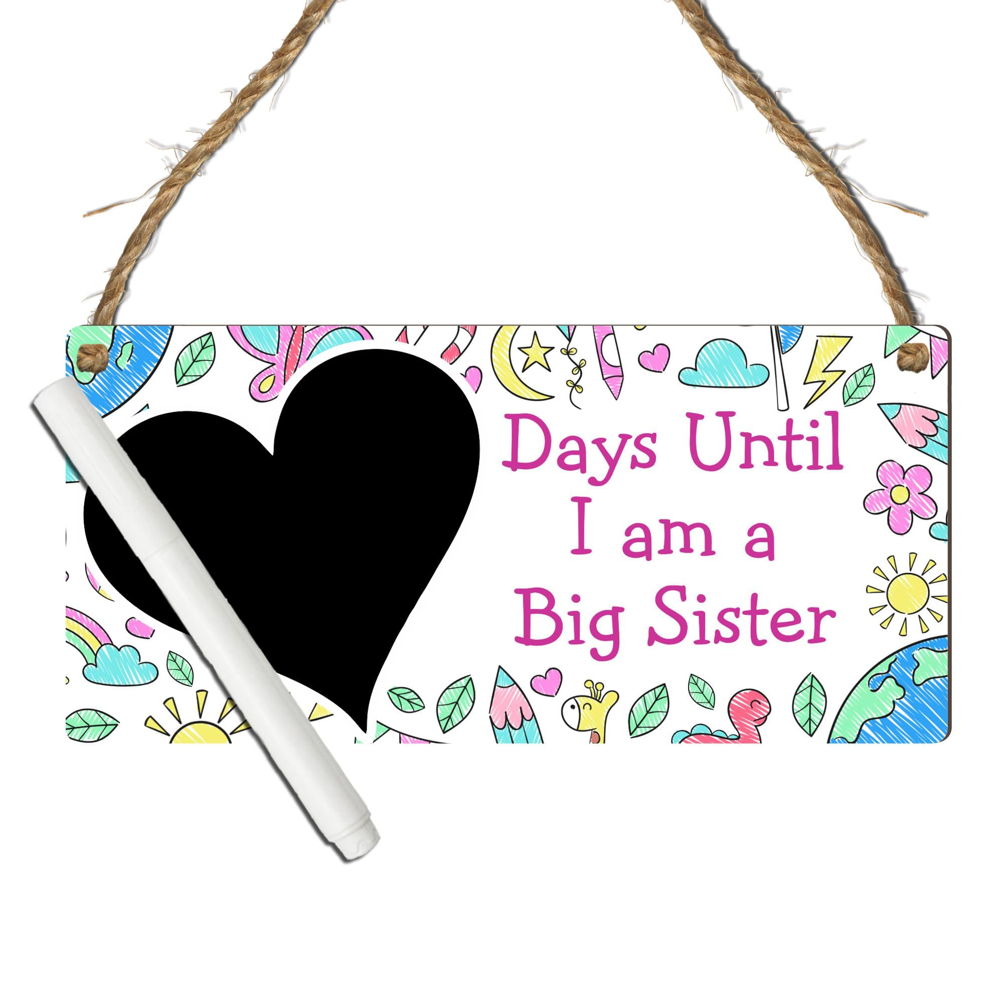 Countdown Plaque - Days Until I Am a Big Sister - Personalised Chalkboard for Expecting Siblings - Baby Arrival Gift for Nursery Room (Colouring, with Pen, XL: 38.5 cm (W) × 18.5 cm (H)) — image 1