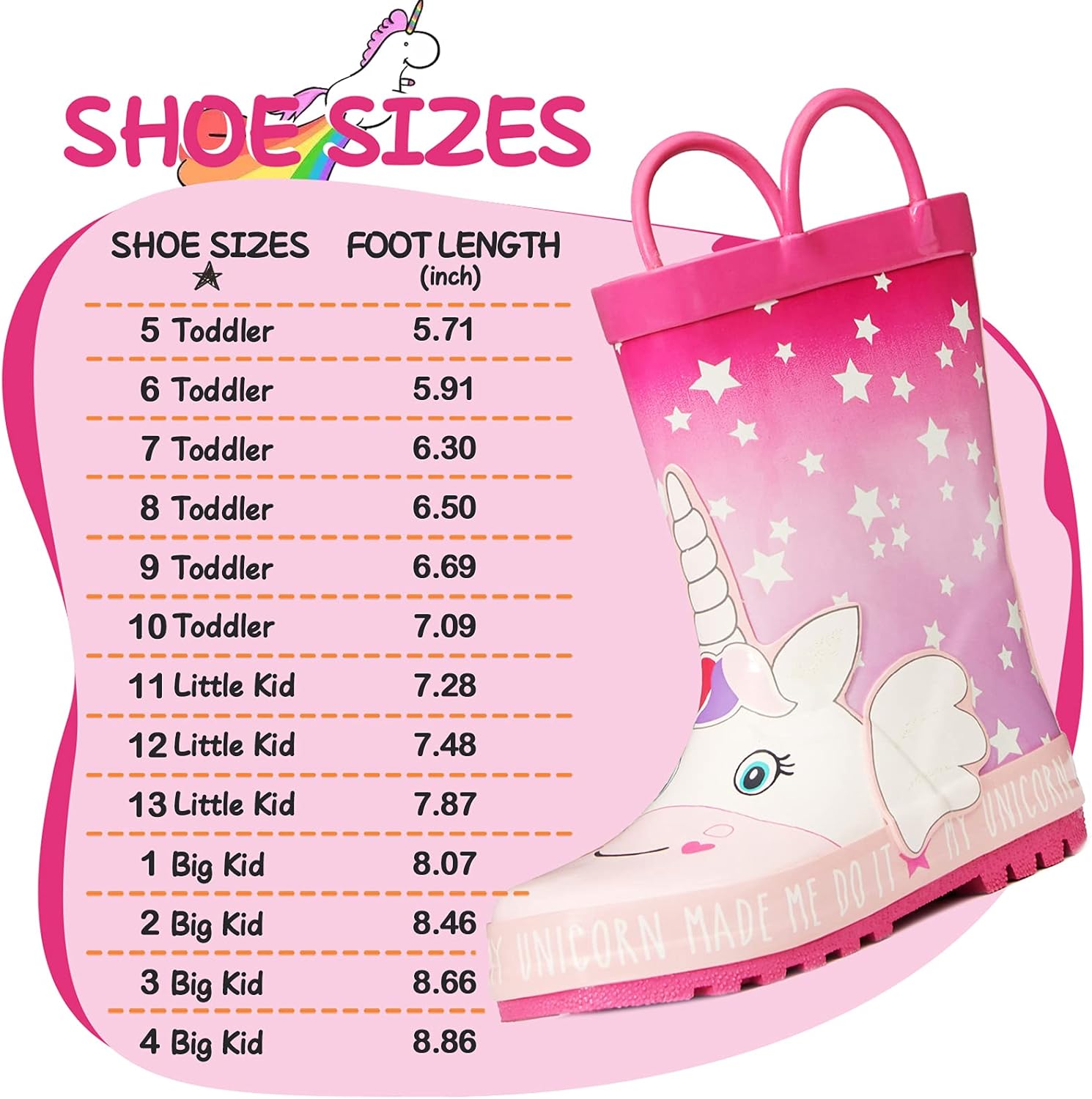  | K KomForme Kids Girl Boy Rain Boots, Waterproof Rubber Printed with Handles | Rain Boots