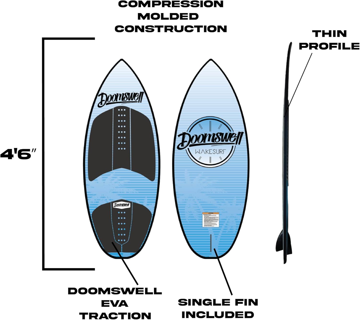 Doomswell Nitro Wakesurf Board – 4'6" Skim Wakesurf Board for Beginner & Intermediate Wake Surfing | Low Rocker, Single Fin, Compression-Molded High-Performance Design