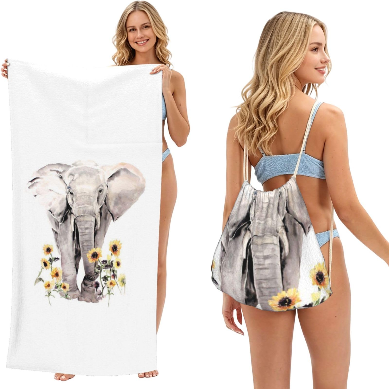 WSHFFILO Elephant and Sunflower printed 2 in 1 Packable Towel Bag Bath Towel Beach Towel