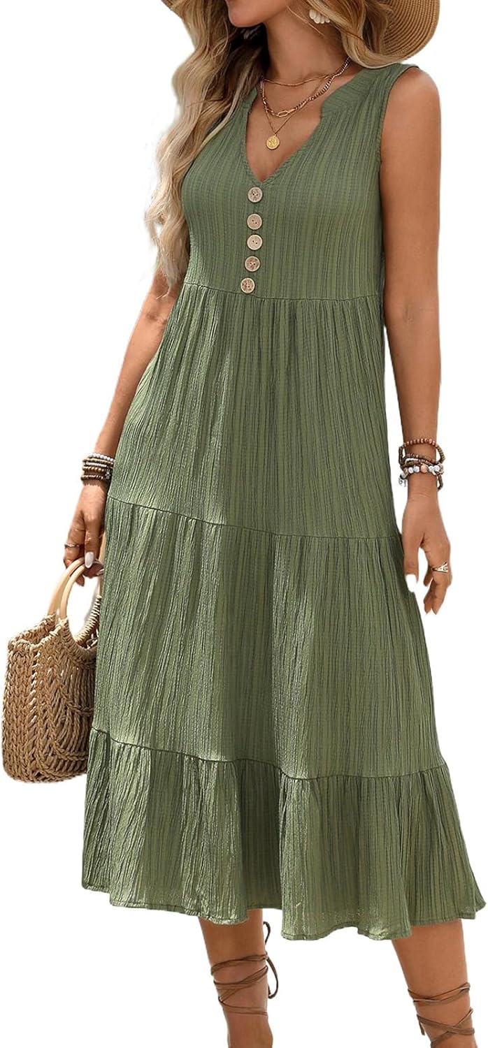 HELYO Women's Casual Summer Dress 2026 Sleeveless V Neck Button Beach Sundress Tiered Ruffle Flows Skirt Midi Dresses