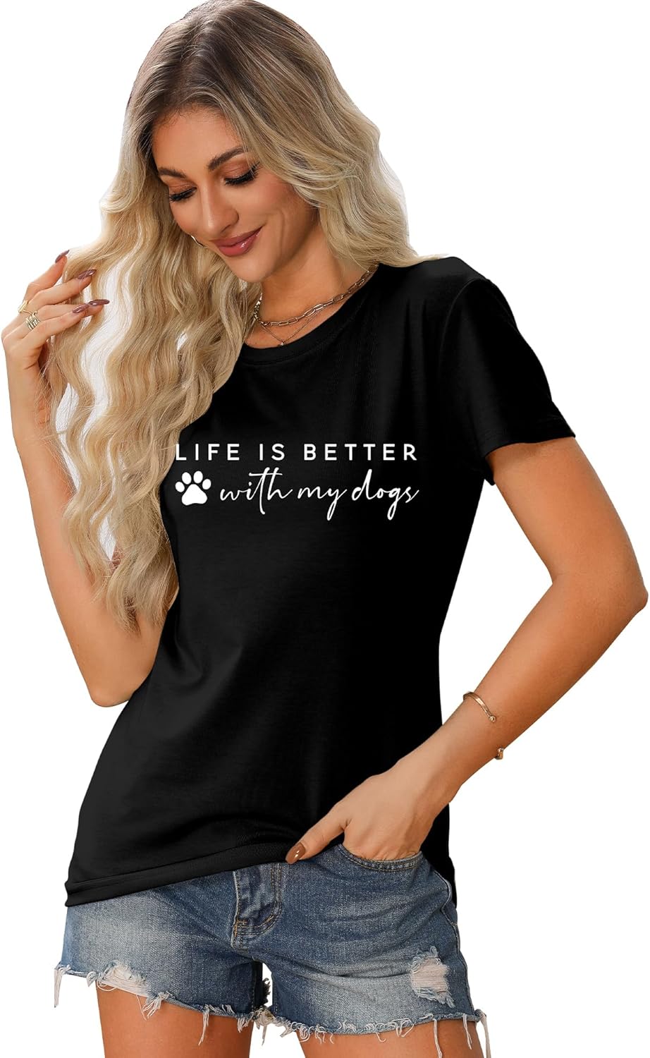 Women's Life is Better with My Dogs T-Shirt - Funny Dog Lover Graphic Tee with Cute Paw Prints, Gift for Dog Moms Casual Top - Image 5