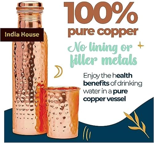 Miniatura 2 de Botella de agua de cobre puro para beber, botella de agua de cobre martillado de 32 onzas con bolsa de transporte, recipiente ayurvédico grande