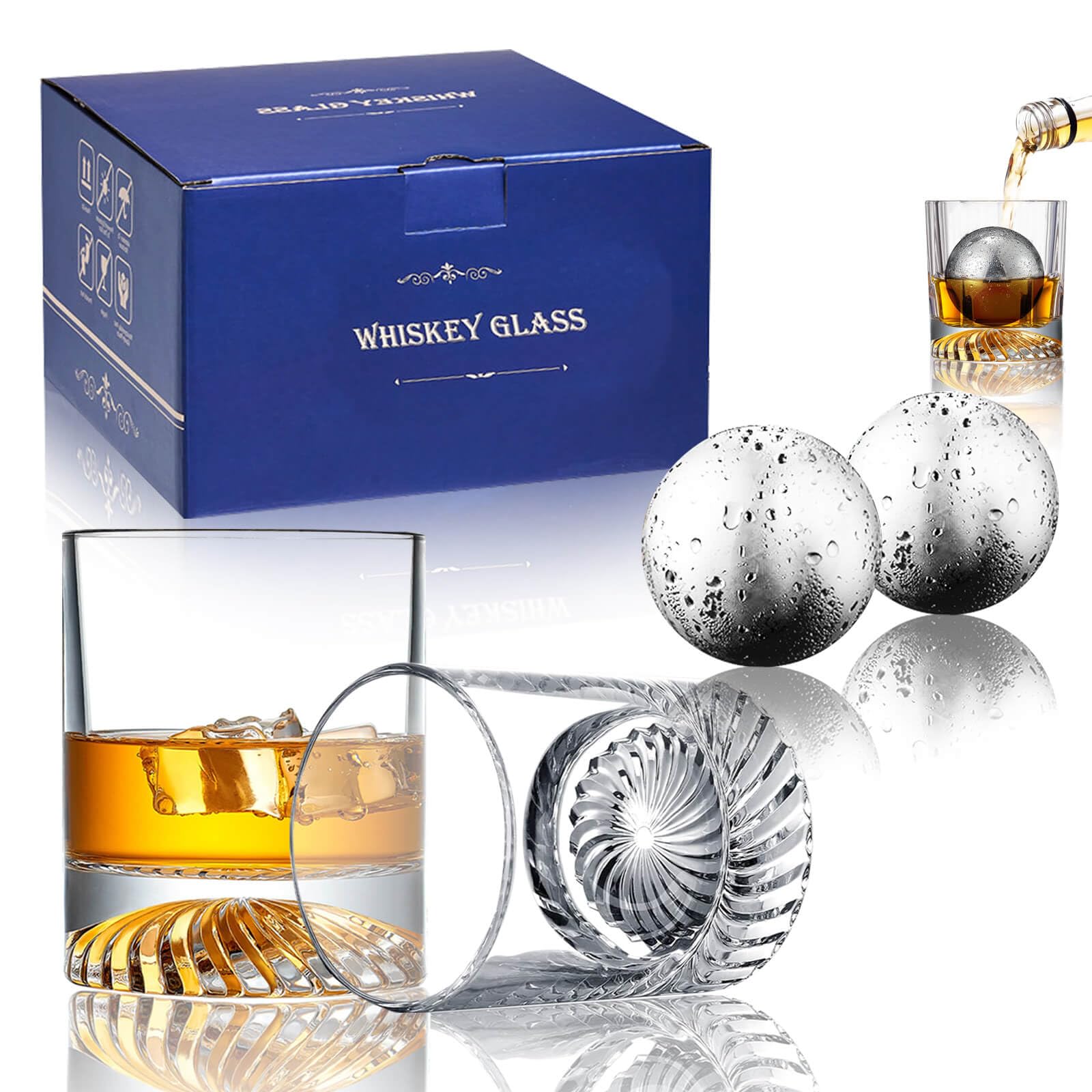 Whiskey Glasses,2 Old Fashioned Glasses Set with 2 XXL Stainless Steel Ice Balls,10oz Whiskey Rocks Glasses Gift for Men,Bourbon Tumbler for Scotch