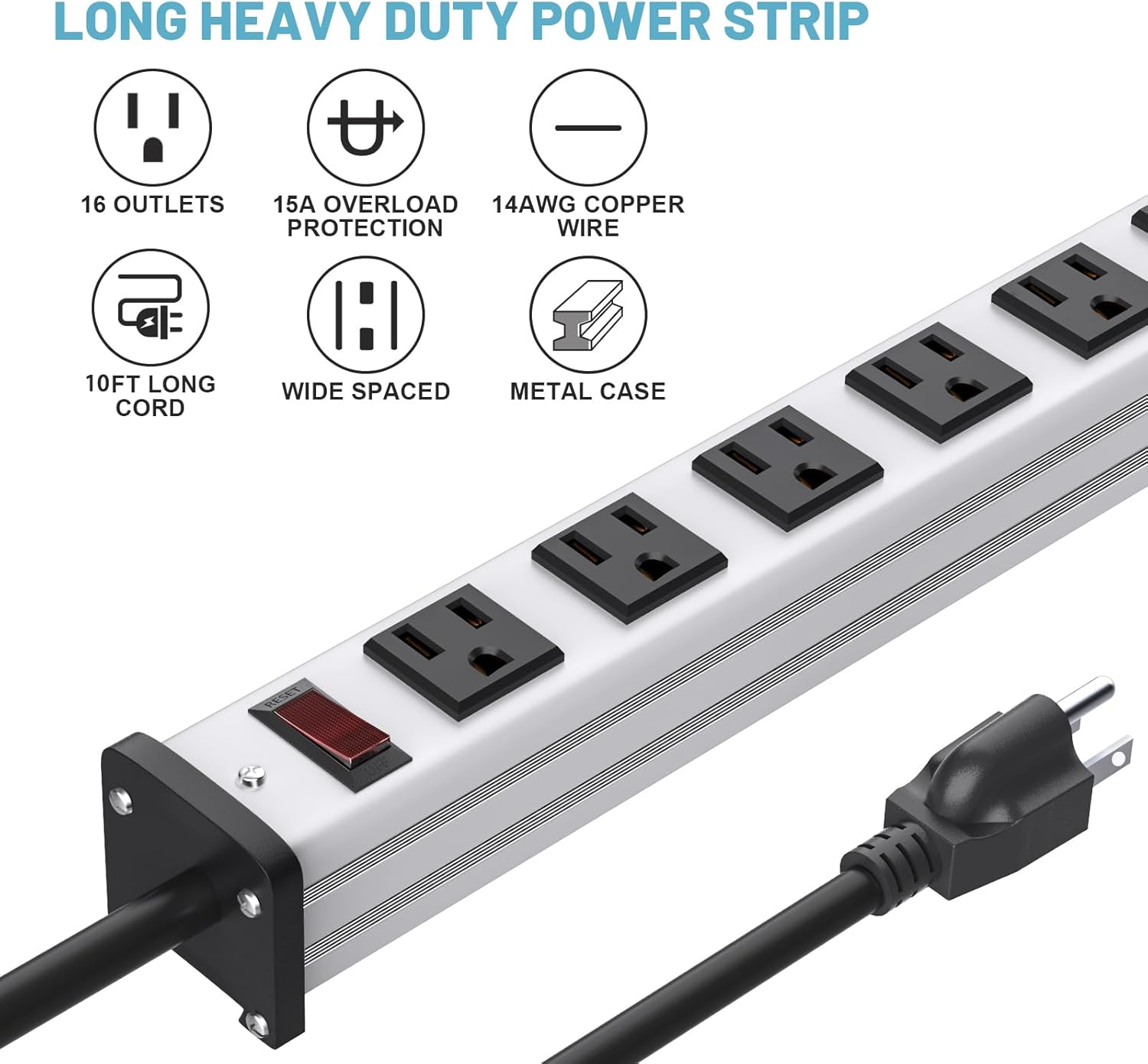 QBA 16 Outlet Power Strip, Heavy Duty Metal Power Strip with 10FT Extension Cord, Wall Mount Power Strip for Garage Workshop Warehouse Factory, ETL Certified, Silver