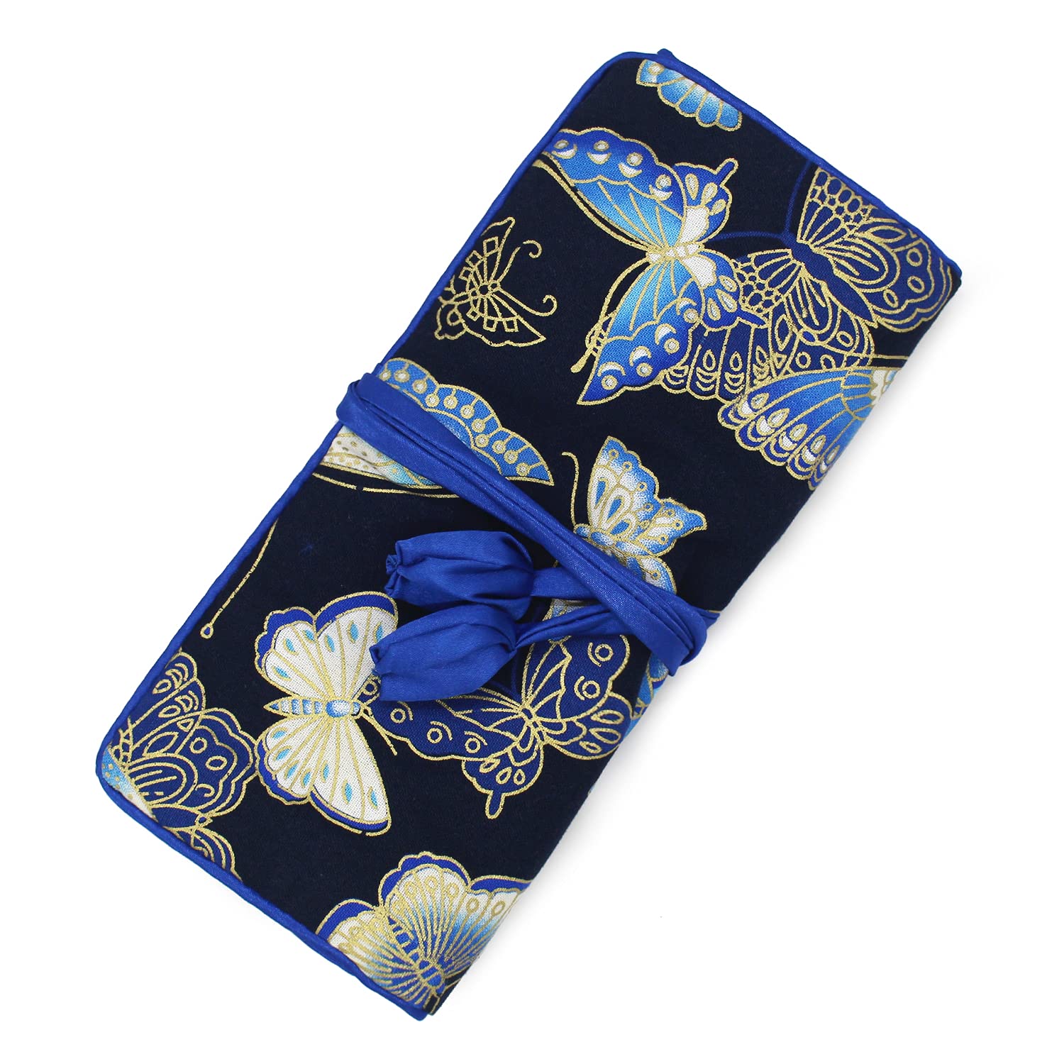 SmilerSmile Jewelry Travel Bag Embroidery Travel Jewelry Organizer with Tie Close Embroidered Flower Jewelry Roll for Women Girls (Butterfly/D Blue)