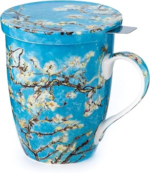 McIntosh Van Gogh Almond Blossom Fine Bone China 15 oz Tea Mug with Lid and Infuser in Matching Gift Box