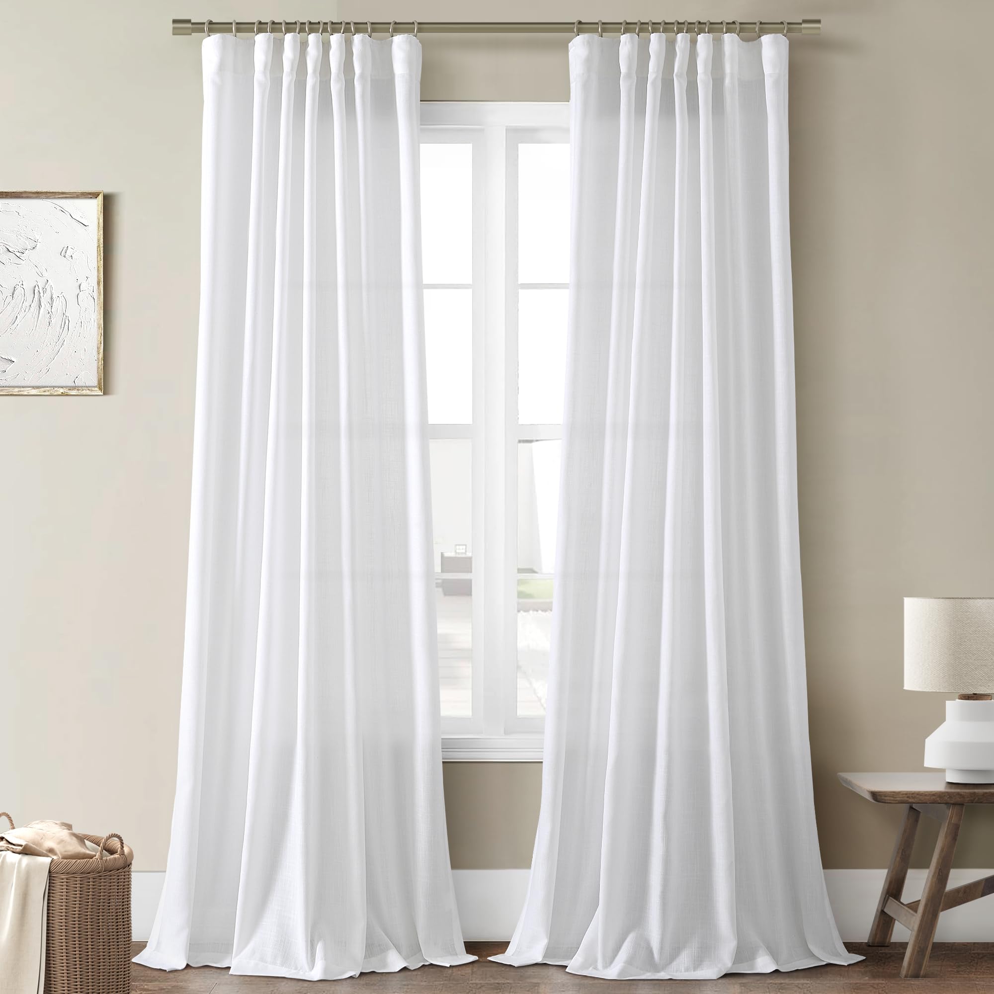 Joywell White Semi Sheer Linen Curtains 84 Inches Long Hook Belt Pleated Back Tab Modern Aesthetic Pocket Privacy Light Filtering Curtain Panel Drapes for Bedroom Living Room Sliding Door Set of 2