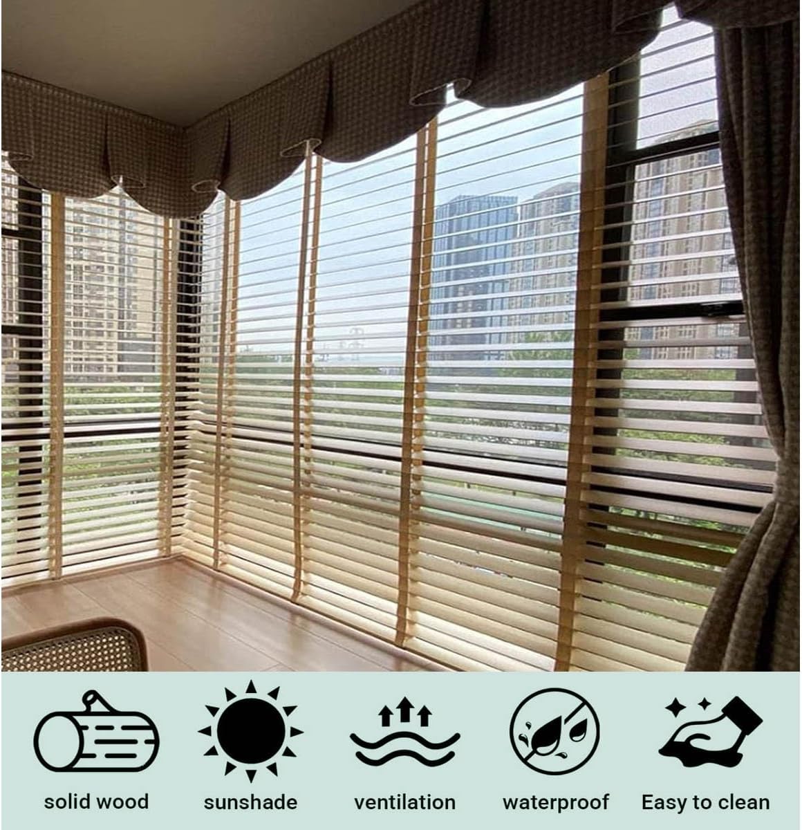 2" Slats Cordless Window Blinds Indoor Wooden Blinds & Shades, Faux Wood Blind 20" 29" 31" 38" 40" 42" 52" 58" 63" 68" 72" Horizontal Venetian Blinds, Darkening Privacy Blinds(Black)