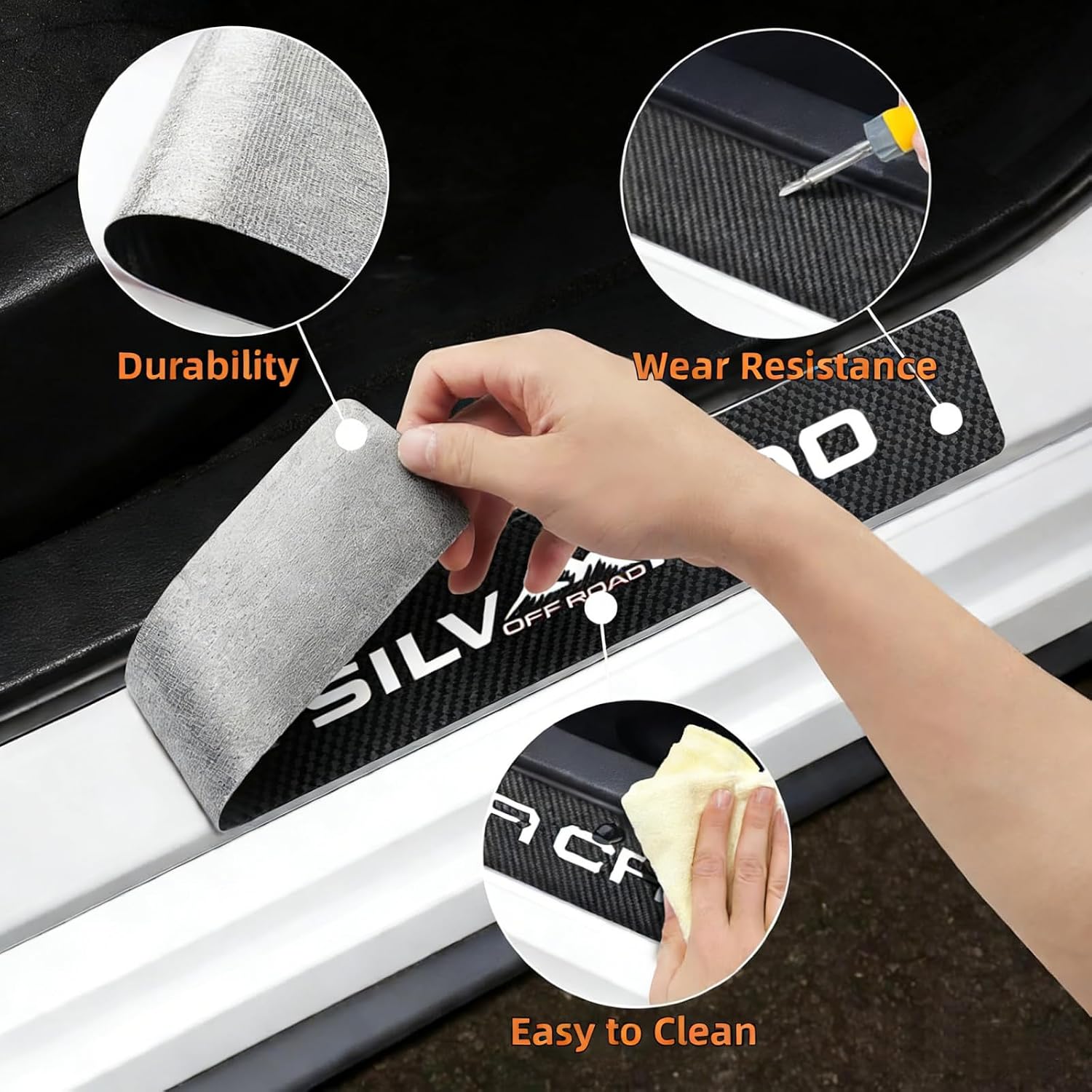 4-Piece Car Door Sill Protector, 4D Carbon Fiber Scuff Plate Stickers, Compatible with Chevrolet Silverado Off-Road(White)