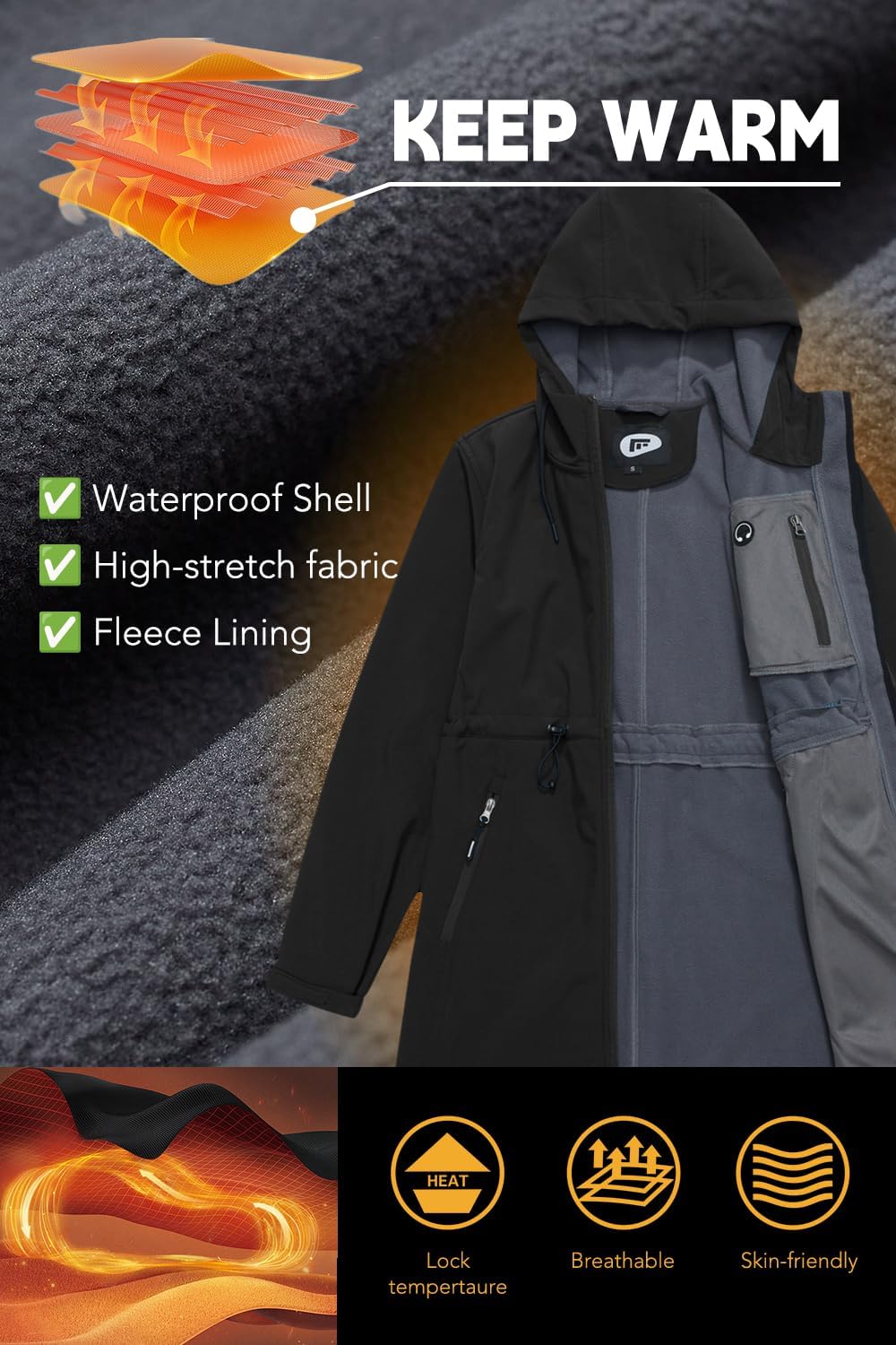 FARVALUE Women's Long Softshell Jacket Waterproof Lightweight Warm Windproof Hooded Fleece Lined Rain Coat for Outdoor