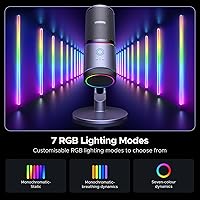 Vista 4 de UGREEN Micrófono para PC, micrófono USB con luces RGB, botón de silencio, 24bit/96kHz, patrón polar cardioide, control de volumen, micrófono