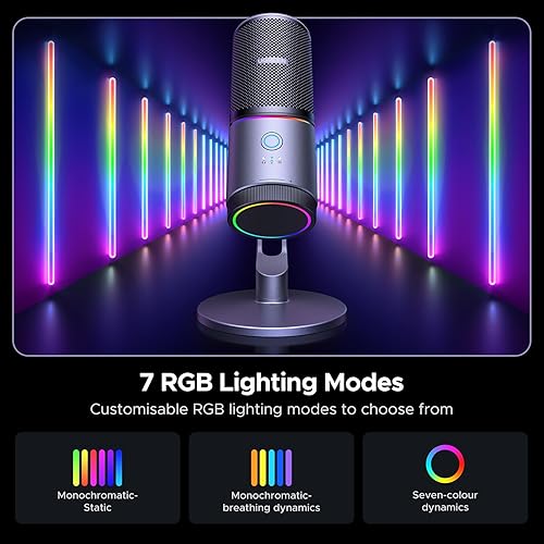 Miniatura 4 de UGREEN Micrófono para PC, micrófono USB con luces RGB, botón de silencio, 24bit96kHz, patrón polar cardioide, control de volumen, micrófono de