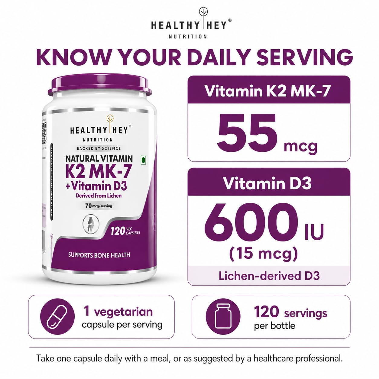 HealthyHey Natural Vitamin D3 + K2 MK-7 | 100% Vegetarian Vitamin D3 & K2 Benefits Bone Health - 120 Capsules — Amazon image 2