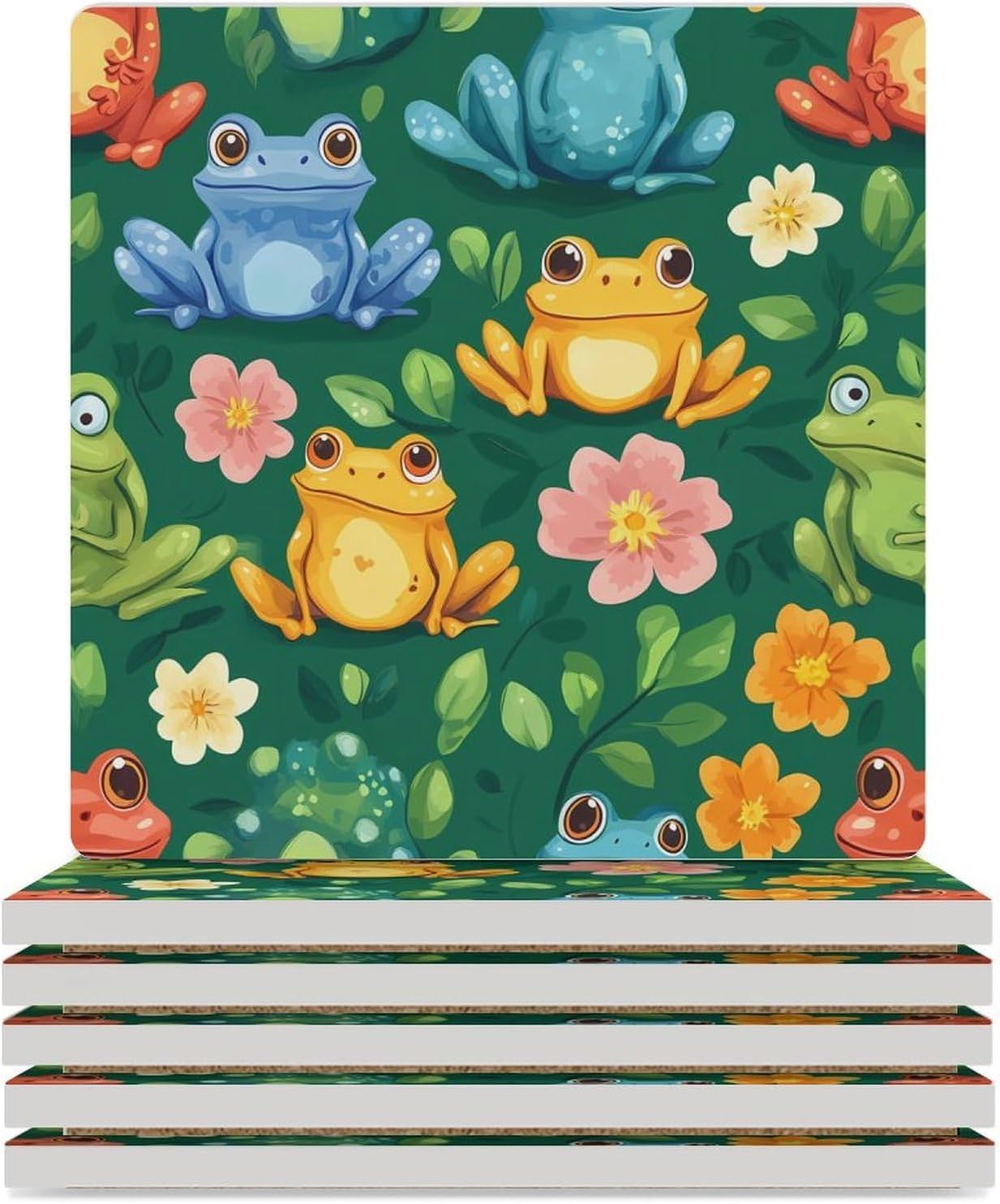 Frog Coasters for Drinks Square Table Coasters Set Cup Mats with Cork Base
