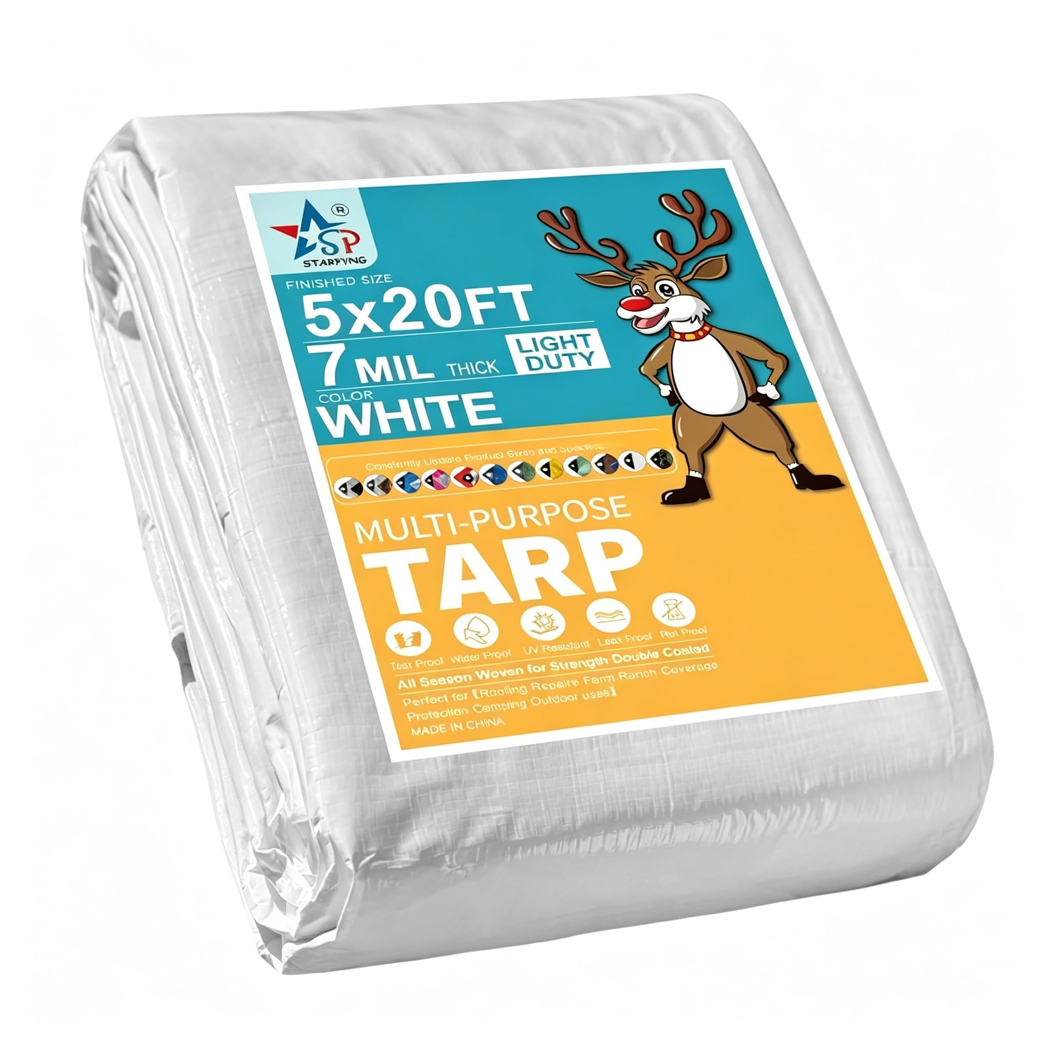 STARPYNG-7 Mil White 5x20 Feet Tarp-Multifunctional White Waterproof Tarpaulin-Waterproof, UV Resistant, Rip and Tear Resistant, Poly Tarpaulin with Reinforced Edges for Cover