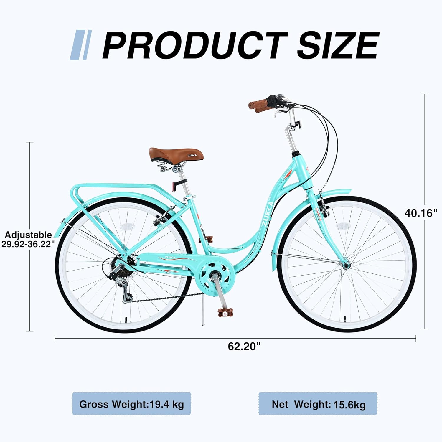 Diagram showing the dimensions of the ZUKKA 24-inch Beach Cruiser Bike, including length, height, and adjustable seat range, along with gross and net weights.