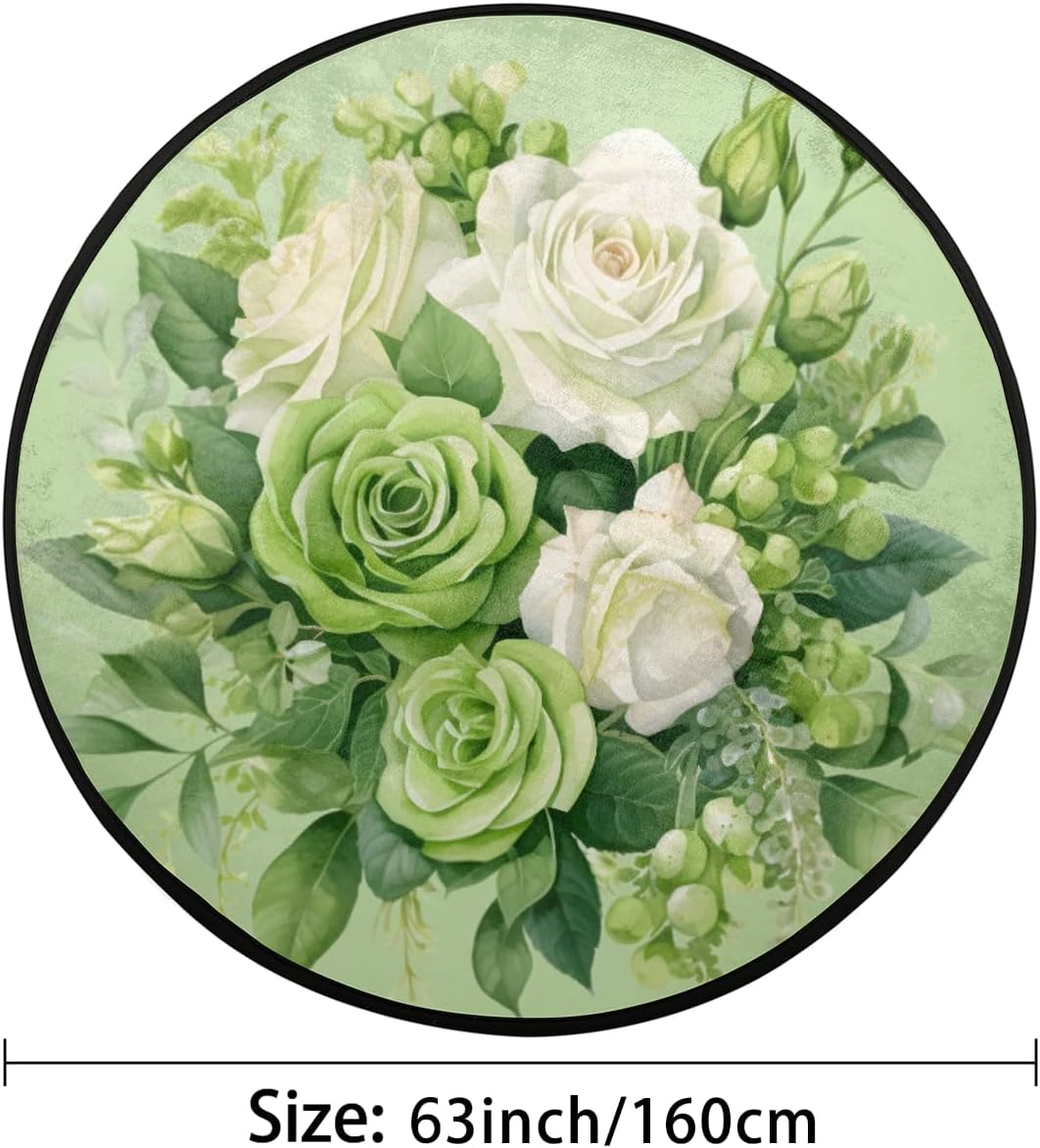 Round Rug 5ft Flower Floral Green Indoor Circle Area Circle Rugs Washable Non-Slip Bedside Indoor Doormat for Living Room Bedroom Playroom Nursery Room Decor Carpet Mat Splat Mat for High Chair