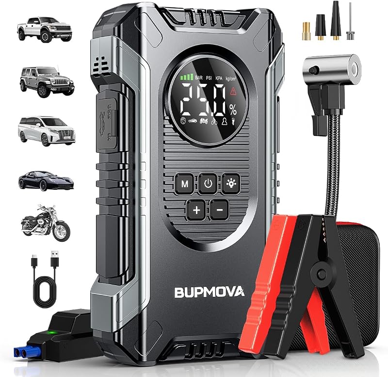 8000A Jump Starter with Air Compressor, 150PSI | For Gas & 10L Diesel Vehicles. Tire Inflator, Power Bank, LED Light. Portable w/ Storage Case