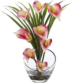 Nearly Natural 1530-PK Calla Lily and Grass in Vase, 15.5