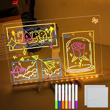 Led Note Board with Colors, Led Light Up Acrylic Message Board 7 Colors Pen/Stand, Led Fun Teaching Drawing and Writing Board, Arts Doodle Note Board for Office School Home 11.81 * 7.87Inch