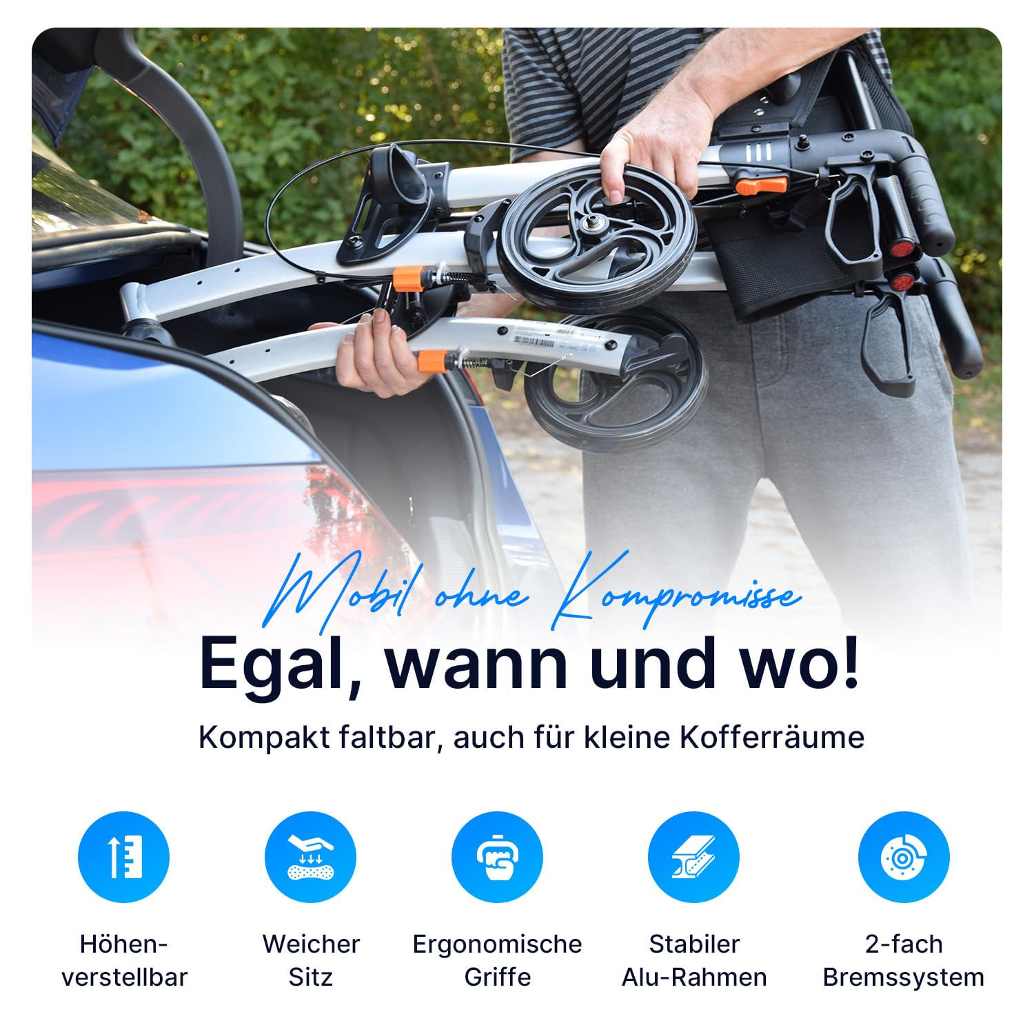 Rollator Premium leicht faltbar Aluminium, nur 6,5 Kg, Gehhilfe mit Rädern Senioren, Leichtgewichtrollator klappbar, Laufhilfe Erwachsene, Gehwagen Innen, Draußen & Kofferraum (Anthrazit)