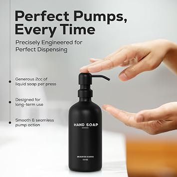 Black Glass Soap Dispenser Set by Brighter Barns - Hand and Dish Soap Dispenser for Kitchen Sink - Kitchen Soap Dispenser Set & Pump - Farmhouse Kitchen Decor, Bathroom Decor & Accessories (Black)