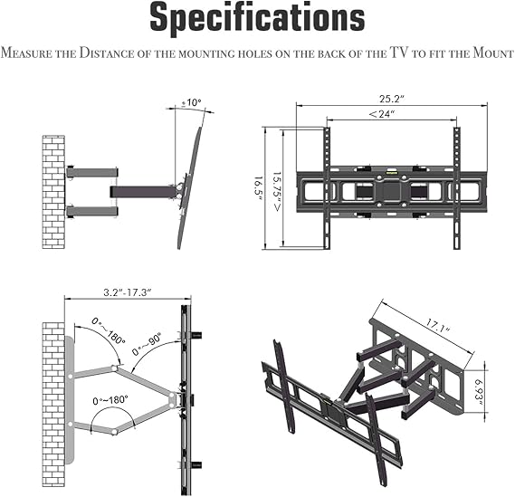 Adjustable TV Wall Mount for Most 32-70 Inch Flat Curved TVs with Swivels with Spirit Level,20 Degrees Tilting & Extends 17 Inch - Wall Mount TV Bracket VESA 600x400 Up to 110 lbs, Black Tmds-101