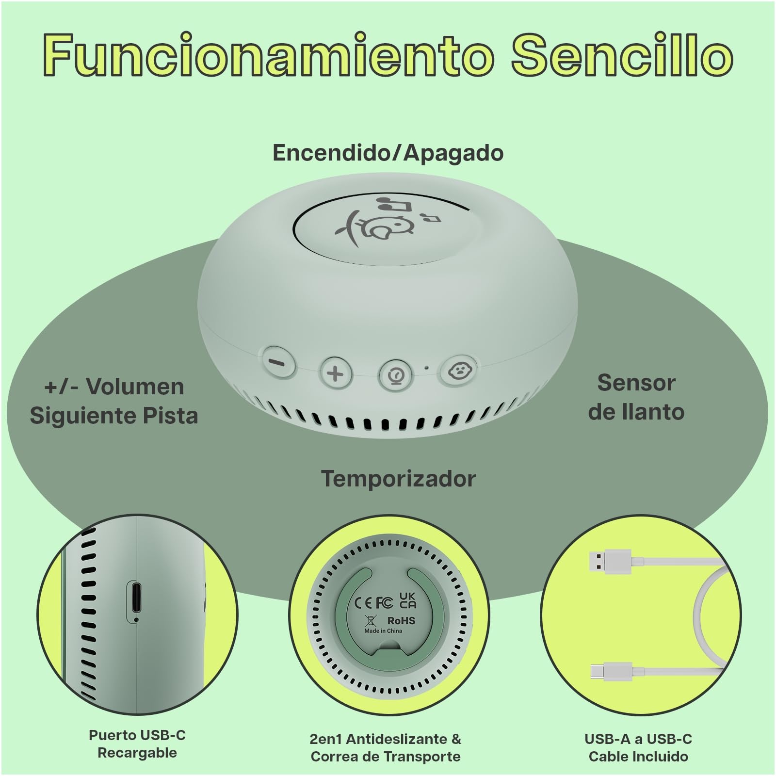 Máquina de Ruido Blanco Portátil Bebé por MMOBIEL – 20 Sonidos Relajantes, Sensor de Llanto, Temporizador, Recargable USB-C – Ruido Blanco/Rosa/Marrón, Canciones de Cuna y Sonidos Naturaleza - Verde