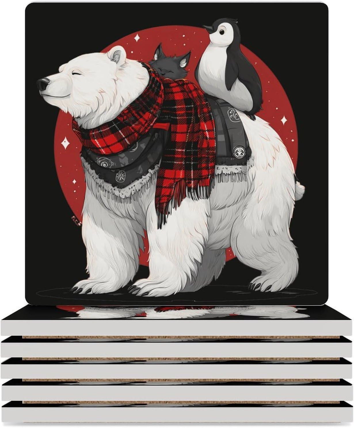 Bear Fox Penguins Coaster for Drinks Square Ceramic Table Coasters Stone Mat Crafts 6PCS Home Kitchen Decor