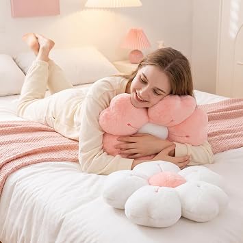 Copbopwn 2Pcs Flower Pillow Cute Pillows 35cm Flower Cushion Floor Pillow Preppy Pillows Daisy Cushion Daisy Pillow,Floor Cushions Aesthetic Pillows Cute Cushions Home Bed room Decor (white+pink)