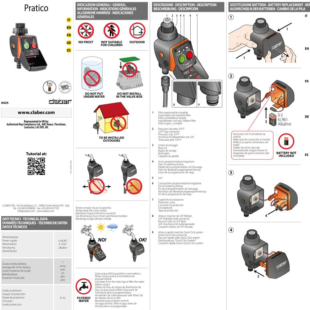 Claber Aquauno Pratico programmateur arrosage automatique une voie
