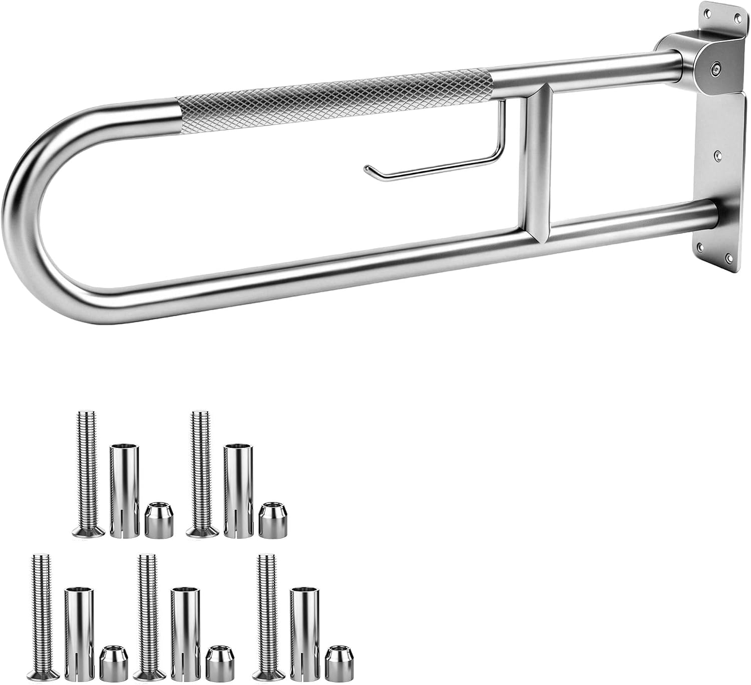 30.3 Inch Toilet Grab Bar, ROYSRHXB Brushed Nickel U Shaped Flip Up Safety Rails with Toilet Paper Holder, Heavy Duty Stainless Steel Grab Bar with Anti Slip Grip for Elderly Seniors