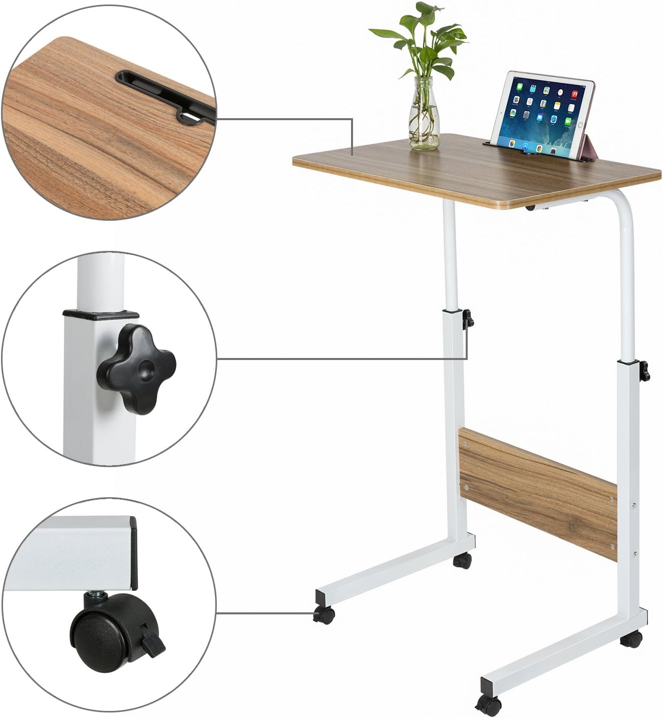 DOEWOKES 23.62 TV Tray Table with Wheels, Bedside Breakfast Table, Portable Podium Table, Standing Computer Desk, Adjustable Laptop Stand
