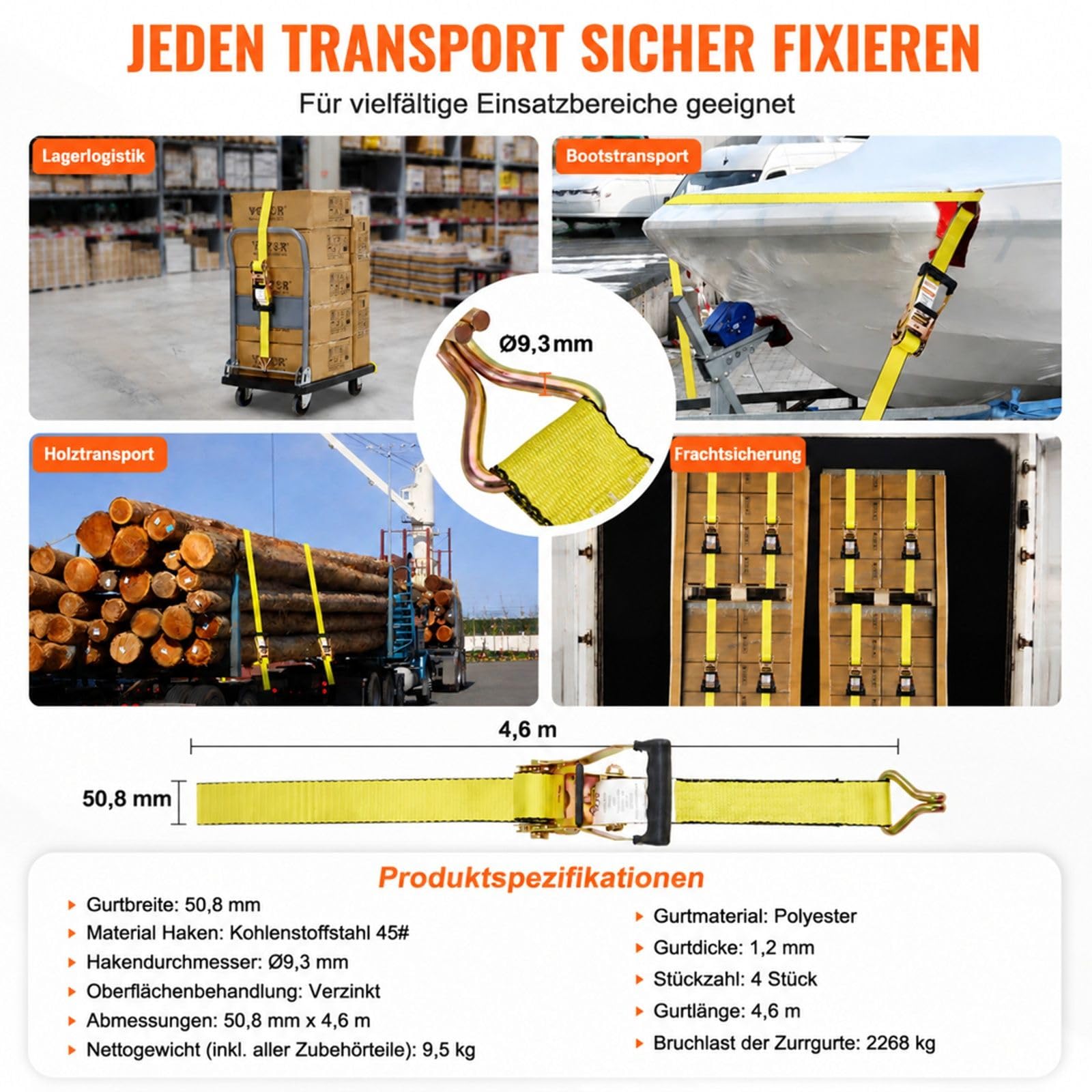 4er-Set Ratschengurte mit Doppel-J-Haken und gepolsterten Griffen für Umzug, Ladung, Haushaltsgeräte und Gartengeräte