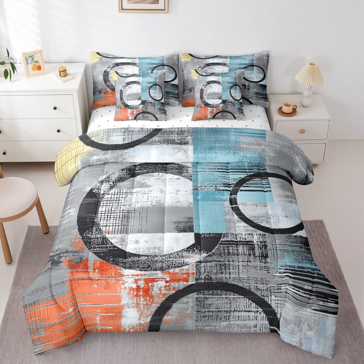 Feelyou Abstract Full Comforter Set with Sheets Modern Abstract Art 7 Pieces Bedding Set Geometric Bed in a Bag Luxury Room Decor Orange Blue Soft image 3