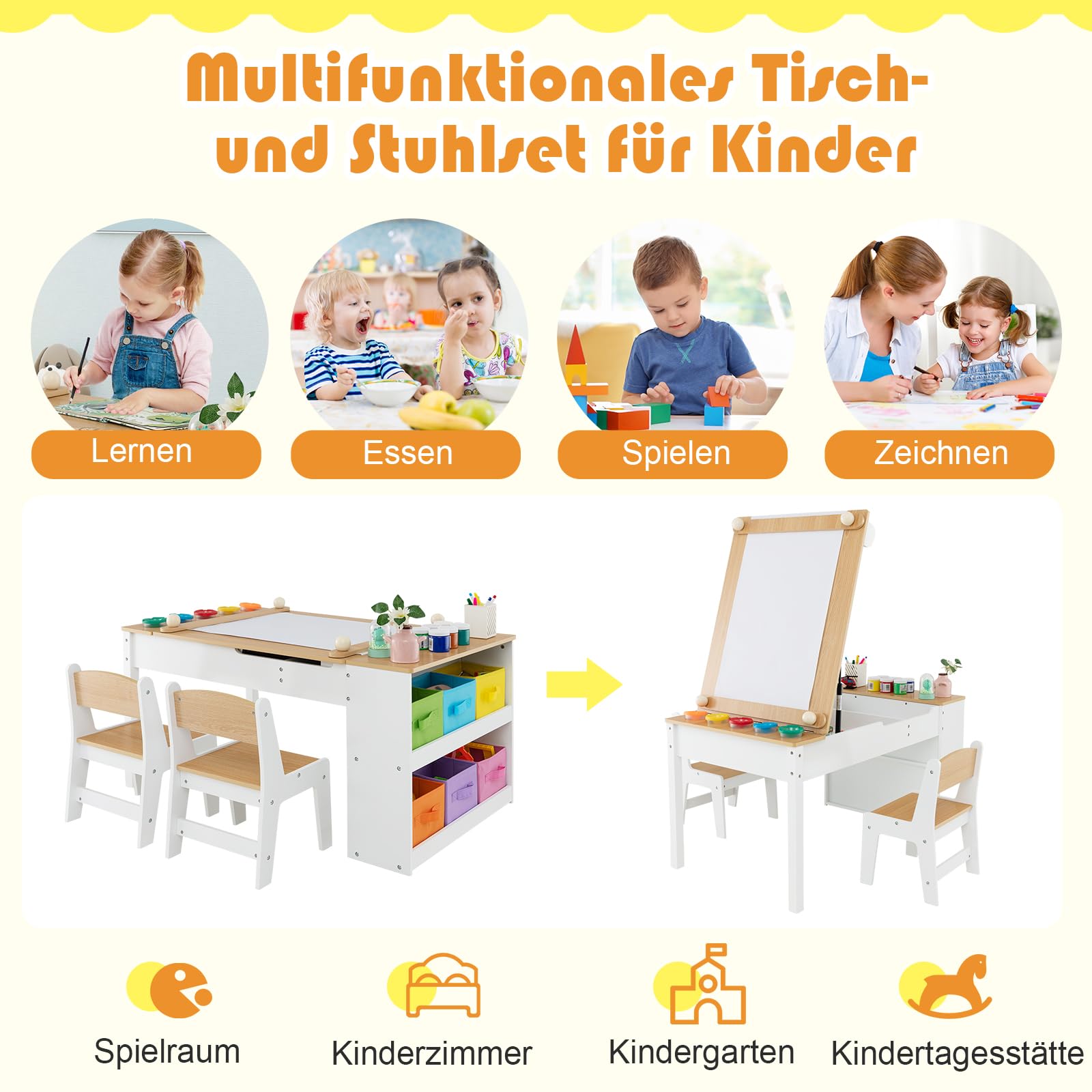 GOPLUS Kinderkunsttisch mit 2 Stuhl & seitliche offene Regal, Kindermöbel Set mit Stauraum & Maltisch, Kindersitzgruppe für Zeichnen & Schreiben, für Kinderzimmer Spielzimmer Kindergarten (Natur)