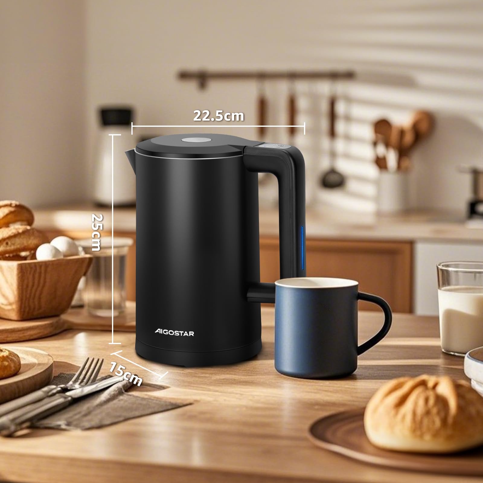 Aigostar Benjamin - Inteligente Hervidor de Agua Temperatura Regulable de 40°C a 100°C, Conexión Wi-Fi, Alexa y Google Home. Doble Pared de Acero Inoxidable, 2200W, 1,7L, Mantener Caliente 24 hora