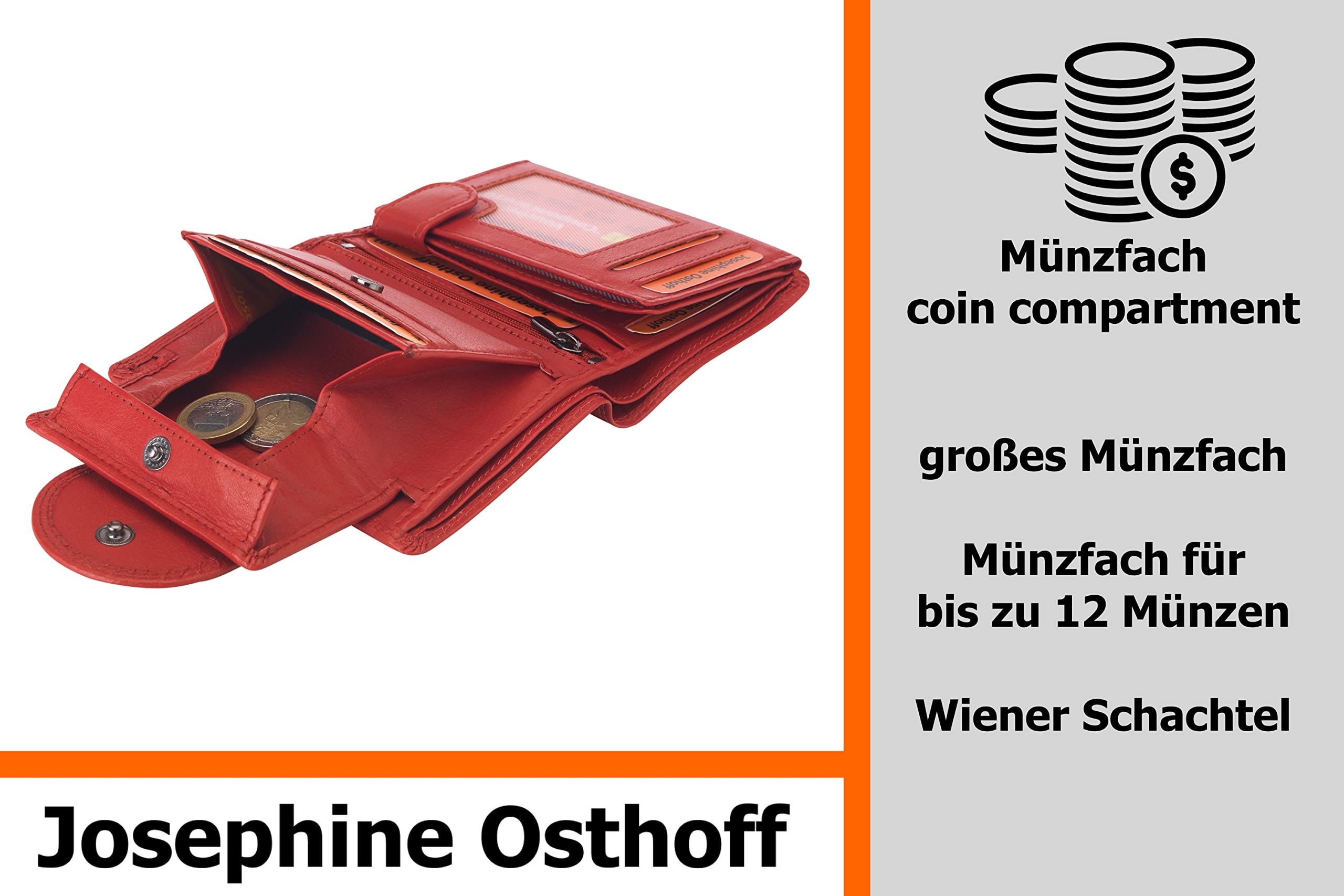 Josephine Osthoff Geldbörse Damen Wiener Schachtel, Platz für 11 Karten, Minibrieftasche mit Münzfach, Portemonnaie Herren Geldbeutel aus echt Leder mit RFID-Schutz (934), Farbe:Kirsche